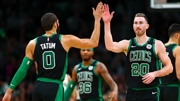Boston's Jayson Tatum high-fives teammate Gordon Hayward after a big play vs. New Orleans Boston's Jayson Tatum high-fives teammate Gordon Hayward after a big play vs. New Orleans