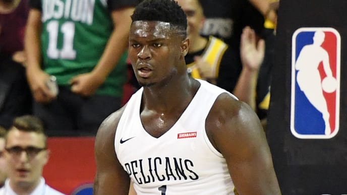 LAS VEGAS, NEVADA - JULY 05: Zion Williamson #1 of the New Orleans Pelicans reacts after dunking against the New York Knicks during the 2019 NBA Summer League at the Thomas & Mack Center on July 5, 2019 in Las Vegas, Nevada. NOTE TO USER: User expressly acknowledges and agrees that, by downloading and or using this photograph, User is consenting to the terms and conditions of the Getty Images License Agreement. (Photo by Ethan Miller/Getty Images) LAS VEGAS, NEVADA - JULY 05: Zion Williamson #1 of the New Orleans Pelicans reacts after dunking against the New York Knicks during the 2019 NBA Summer League at the Thomas & Mack Center on July 5, 2019 in Las Vegas, Nevada. NOTE TO USER: User expressly acknowledges and agrees that, by downloading and or using this photograph, User is consenting to the terms and conditions of the Getty Images License Agreement. (Photo by Ethan Miller/Getty Images)