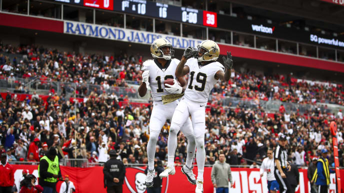 TAMPA, FLORIDA - NOVEMBER 17: Michael Thomas #13 of the New Orleans Saints celebrates after a touchdown with Ted Ginn #19 in the first quarter of the game against the Tampa Bay Buccaneers on November 17, 2019 at Raymond James Stadium in Tampa, Florida. (Photo by Will Vragovic/Getty Images) TAMPA, FLORIDA - NOVEMBER 17: Michael Thomas #13 of the New Orleans Saints celebrates after a touchdown with Ted Ginn #19 in the first quarter of the game against the Tampa Bay Buccaneers on November 17, 2019 at Raymond James Stadium in Tampa, Florida. (Photo by Will Vragovic/Getty Images)