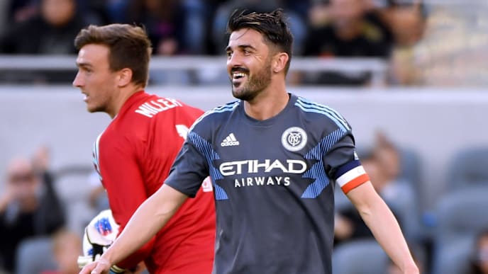 LOS ANGELES, CA - MAY 13: David Villa #7 of New York City reacts to a missed chance in front of Tyler Miller #1 of Los Angeles FC during the first half at Banc of California Stadium on May 13, 2018 in Los Angeles, California. The game ended 2-2. (Photo by Harry How/Getty Images) LOS ANGELES, CA - MAY 13: David Villa #7 of New York City reacts to a missed chance in front of Tyler Miller #1 of Los Angeles FC during the first half at Banc of California Stadium on May 13, 2018 in Los Angeles, California. The game ended 2-2. (Photo by Harry How/Getty Images)