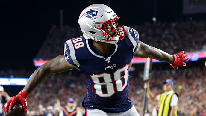 FOXBOROUGH, MASSACHUSETTS - AUGUST 29: Demaryius Thomas #88 of the New England Patriots celebrates after scoring a touchdwon during the preseason game between the New York Giants and the New England Patriots at Gillette Stadium on August 29, 2019 in Foxborough, Massachusetts. (Photo by Maddie Meyer/Getty Images) FOXBOROUGH, MASSACHUSETTS - AUGUST 29: Demaryius Thomas #88 of the New England Patriots celebrates after scoring a touchdwon during the preseason game between the New York Giants and the New England Patriots at Gillette Stadium on August 29, 2019 in Foxborough, Massachusetts. (Photo by Maddie Meyer/Getty Images)