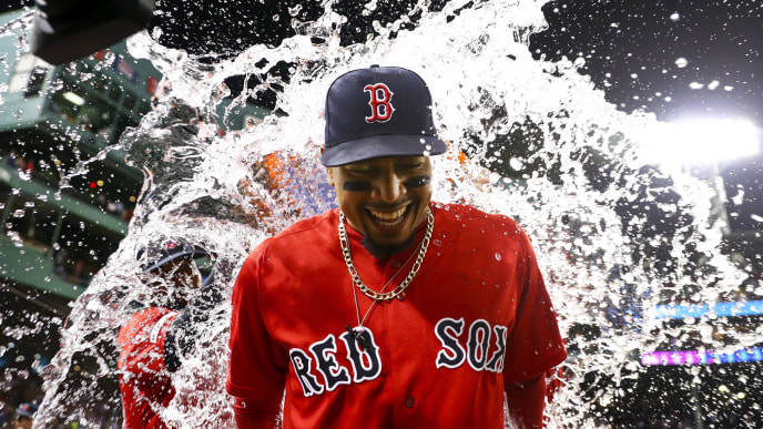 BOSTON, MA - JULY 26: Mookie Betts #50 of the Boston Red Sox is showered in Gatorade after the Boston Red Sox defeated the New York Yankees 10-5 at Fenway Park on July 26, 2019 in Boston, Massachusetts. (Photo by Adam Glanzman/Getty Images) BOSTON, MA - JULY 26: Mookie Betts #50 of the Boston Red Sox is showered in Gatorade after the Boston Red Sox defeated the New York Yankees 10-5 at Fenway Park on July 26, 2019 in Boston, Massachusetts. (Photo by Adam Glanzman/Getty Images)