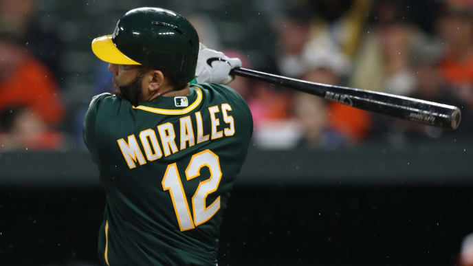 BALTIMORE, MARYLAND - APRIL 08: Kendrys Morales #12 of the Oakland Athletics bats against the Baltimore Orioles at Oriole Park at Camden Yards on April 8, 2019 in Baltimore, Maryland. (Photo by Patrick Smith/Getty Images) BALTIMORE, MARYLAND - APRIL 08: Kendrys Morales #12 of the Oakland Athletics bats against the Baltimore Orioles at Oriole Park at Camden Yards on April 8, 2019 in Baltimore, Maryland. (Photo by Patrick Smith/Getty Images)