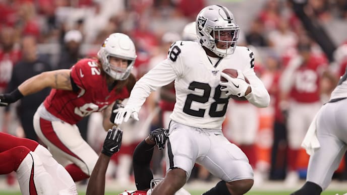 GLENDALE, ARIZONA - AUGUST 15: Running back Josh Jacobs #28 of the Oakland Raiders rushes the football during the first half of the NFL preseason game against the Arizona Cardinals at State Farm Stadium on August 15, 2019 in Glendale, Arizona. (Photo by Christian Petersen/Getty Images) GLENDALE, ARIZONA - AUGUST 15: Running back Josh Jacobs #28 of the Oakland Raiders rushes the football during the first half of the NFL preseason game against the Arizona Cardinals at State Farm Stadium on August 15, 2019 in Glendale, Arizona. (Photo by Christian Petersen/Getty Images)