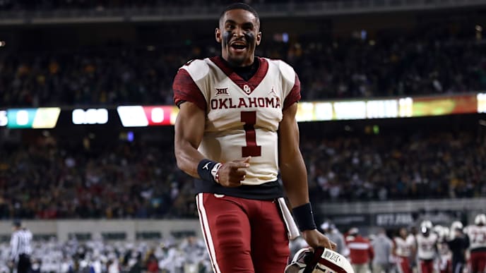 Jalen Hurts celebrates a 25-point comeback win over Baylor in Week 12. Jalen Hurts celebrates a 25-point comeback win over Baylor in Week 12.