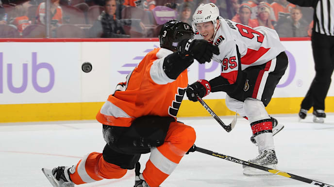 PHILADELPHIA, PA - NOVEMBER 27: Matt Duchene #95 of the Ottawa Senators moves in on the Philadelphia Flyers and scores the game winning goal at 17:01 of the third period at the Wells Fargo Center on November 27, 2018 in Philadelphia, Pennsylvania. The Senators defeated the Flyers 4-3.(Photo by Bruce Bennett/Getty Images) PHILADELPHIA, PA - NOVEMBER 27: Matt Duchene #95 of the Ottawa Senators moves in on the Philadelphia Flyers and scores the game winning goal at 17:01 of the third period at the Wells Fargo Center on November 27, 2018 in Philadelphia, Pennsylvania. The Senators defeated the Flyers 4-3.(Photo by Bruce Bennett/Getty Images)