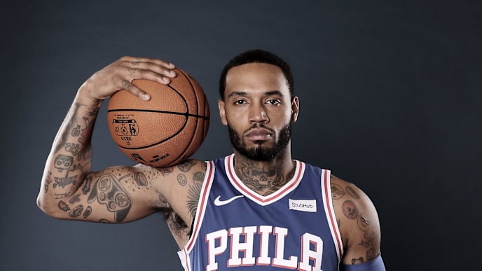 CAMDEN, NEW JERSEY - SEPTEMBER 30: (EDITORS NOTE: Image has been desaturated.) Mike Scott #1 of the Philadelphia 76ers poses for a portrait during Media Day at 76ers Training Complex on September 30, 2019 in Camden, New Jersey.NOTE TO USER: User expressly acknowledges and agrees that, by downloading and/or using this photograph, user is consenting to the terms and conditions of the Getty Images License Agreement. (Photo by Elsa/Getty Images) CAMDEN, NEW JERSEY - SEPTEMBER 30: (EDITORS NOTE: Image has been desaturated.) Mike Scott #1 of the Philadelphia 76ers poses for a portrait during Media Day at 76ers Training Complex on September 30, 2019 in Camden, New Jersey.NOTE TO USER: User expressly acknowledges and agrees that, by downloading and/or using this photograph, user is consenting to the terms and conditions of the Getty Images License Agreement. (Photo by Elsa/Getty Images)
