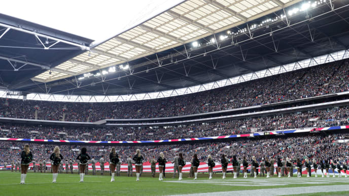 LONDON, ENGLAND - OCTOBER 28: A general view inside the stadium as national anthems are sung ahead of the NFL International Series match between Philadelphia Eagles and Jacksonville Jaguars at Wembley Stadium on October 28, 2018 in London, England. (Photo by Kate McShane/Getty Images) LONDON, ENGLAND - OCTOBER 28: A general view inside the stadium as national anthems are sung ahead of the NFL International Series match between Philadelphia Eagles and Jacksonville Jaguars at Wembley Stadium on October 28, 2018 in London, England. (Photo by Kate McShane/Getty Images)