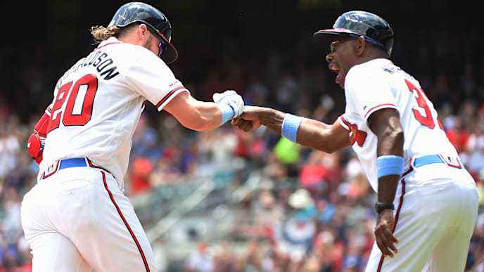 ATLANTA, GEORGIA - JUNE 16: Josh Donaldson #20 of the Atlanta Braves celebrates with third base coach Ron Washington #37 after hitting a home run against the Philadelphia Phillies at SunTrust Park on June 16, 2019 in Atlanta, Georgia. (Photo by Logan Riely/Getty Images) ATLANTA, GEORGIA - JUNE 16: Josh Donaldson #20 of the Atlanta Braves celebrates with third base coach Ron Washington #37 after hitting a home run against the Philadelphia Phillies at SunTrust Park on June 16, 2019 in Atlanta, Georgia. (Photo by Logan Riely/Getty Images)