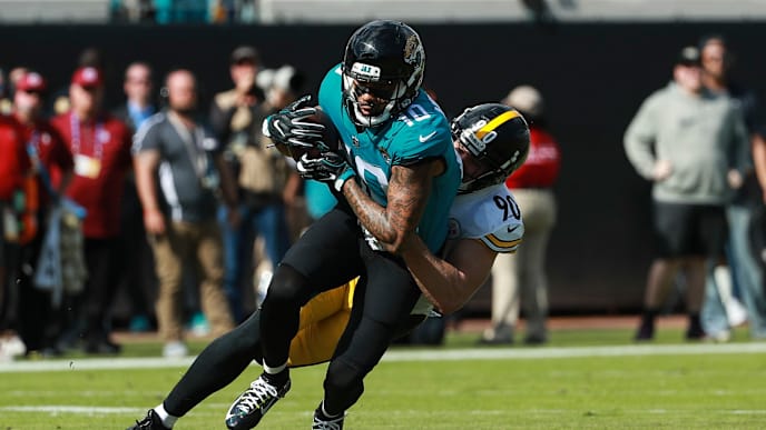 JACKSONVILLE, FL - NOVEMBER 18: Donte Moncrief #10 of the Jacksonville Jaguars is tackled by T.J. Watt #90 of the Pittsburgh Steelers during the first half at TIAA Bank Field on November 18, 2018 in Jacksonville, Florida. (Photo by Scott Halleran/Getty Images) JACKSONVILLE, FL - NOVEMBER 18: Donte Moncrief #10 of the Jacksonville Jaguars is tackled by T.J. Watt #90 of the Pittsburgh Steelers during the first half at TIAA Bank Field on November 18, 2018 in Jacksonville, Florida. (Photo by Scott Halleran/Getty Images)