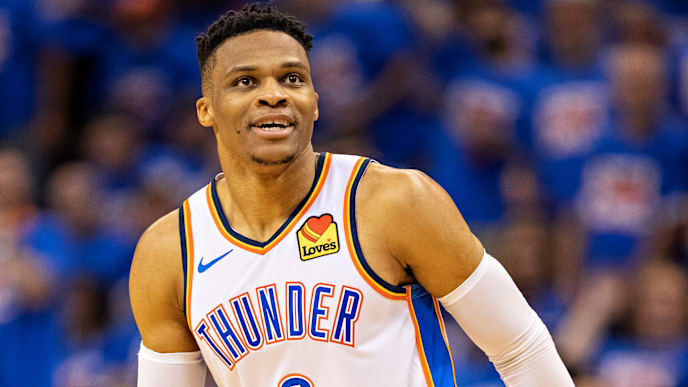 OKLAHOMA CITY, OK - APRIL 21: Russell Westbrook #0 of the Oklahoma City Thunder watches his shot during a game against the Portland Trail Blazers during Round One Game Three of the 2019 NBA Playoffs on April 21, 2019 at Chesapeake Energy Arena in Oklahoma City, Oklahoma NOTE TO USER: User expressly acknowledges and agrees that, by downloading and or using this photograph, User is consenting to the terms and conditions of the Getty Images License Agreement. The Trail Blazers defeated the Thunder 111-98. (Photo by Wesley Hitt/Getty Images) OKLAHOMA CITY, OK - APRIL 21: Russell Westbrook #0 of the Oklahoma City Thunder watches his shot during a game against the Portland Trail Blazers during Round One Game Three of the 2019 NBA Playoffs on April 21, 2019 at Chesapeake Energy Arena in Oklahoma City, Oklahoma NOTE TO USER: User expressly acknowledges and agrees that, by downloading and or using this photograph, User is consenting to the terms and conditions of the Getty Images License Agreement. The Trail Blazers defeated the Thunder 111-98. (Photo by Wesley Hitt/Getty Images)