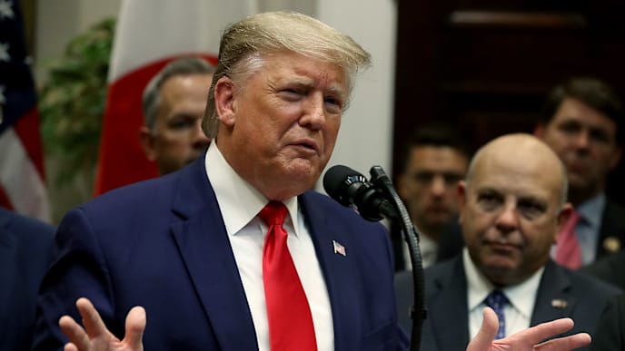 WASHINGTON, DC - OCTOBER 07: U.S. President Donald Trump speaks during an event where U.S.-Japan trade agreements were signed at the White House on October 7, 2019 in Washington, DC. President Trump also spoke about the U.S. Southern Border, Syria, and the current impeachment inquiry in the House of Representatives. (Photo by Mark Wilson/Getty Images) WASHINGTON, DC - OCTOBER 07: U.S. President Donald Trump speaks during an event where U.S.-Japan trade agreements were signed at the White House on October 7, 2019 in Washington, DC. President Trump also spoke about the U.S. Southern Border, Syria, and the current impeachment inquiry in the House of Representatives. (Photo by Mark Wilson/Getty Images)