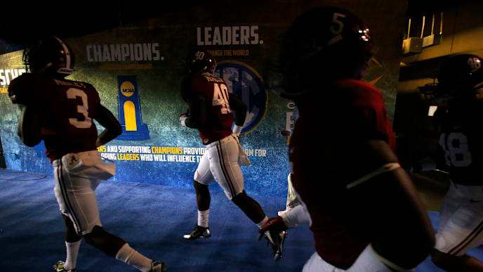ATLANTA, GA - DECEMBER 5: Wide receiver Calvin Ridley #3 of the Alabama Crimson Tide and linebacker Joshua McMillon #40 of the Alabama Crimson Tide run on the field against the Florida Gators before the SEC Championship at the Georgia Dome on December 5, 2015 in Atlanta, Georgia. (Photo by Kevin C. Cox/Getty Images) ATLANTA, GA - DECEMBER 5: Wide receiver Calvin Ridley #3 of the Alabama Crimson Tide and linebacker Joshua McMillon #40 of the Alabama Crimson Tide run on the field against the Florida Gators before the SEC Championship at the Georgia Dome on December 5, 2015 in Atlanta, Georgia. (Photo by Kevin C. Cox/Getty Images)