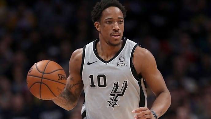 DENVER, COLORADO - APRIL 13: Demar DeRozan #10 of the San Antonio Spurs brings the ball down the court against the Denver Nuggets in the third quarter during game one of the first round of the NBA Playoffs at the Pepsi Center on April 13, 2019 in Denver, Colorado. (Photo by Matthew Stockman/Getty Images) DENVER, COLORADO - APRIL 13: Demar DeRozan #10 of the San Antonio Spurs brings the ball down the court against the Denver Nuggets in the third quarter during game one of the first round of the NBA Playoffs at the Pepsi Center on April 13, 2019 in Denver, Colorado. (Photo by Matthew Stockman/Getty Images)
