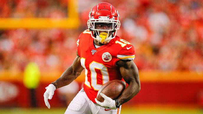 KANSAS CITY, MO - AUGUST 24: Tyreek Hill #10 of the Kansas City Chiefs runs for a 12-yard gain in preseason action against the San Francisco 49ers at Arrowhead Stadium on August 24, 2019 in Kansas City, Missouri. (Photo by David Eulitt/Getty Images) KANSAS CITY, MO - AUGUST 24: Tyreek Hill #10 of the Kansas City Chiefs runs for a 12-yard gain in preseason action against the San Francisco 49ers at Arrowhead Stadium on August 24, 2019 in Kansas City, Missouri. (Photo by David Eulitt/Getty Images)
