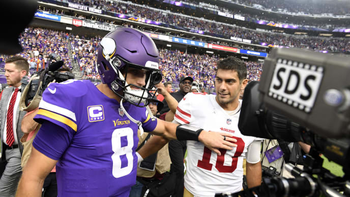 MINNEAPOLIS, MN - SEPTEMBER 09: Kirk Cousins #8 of the Minnesota Vikings and Jimmy Garoppolo #10 of the San Francisco 49ers greet each other on the field after the game at U.S. Bank Stadium on September 9, 2018 in Minneapolis, Minnesota. The Vikings defeated the 49ers 24-16. (Photo by Hannah Foslien/Getty Images) MINNEAPOLIS, MN - SEPTEMBER 09: Kirk Cousins #8 of the Minnesota Vikings and Jimmy Garoppolo #10 of the San Francisco 49ers greet each other on the field after the game at U.S. Bank Stadium on September 9, 2018 in Minneapolis, Minnesota. The Vikings defeated the 49ers 24-16. (Photo by Hannah Foslien/Getty Images)