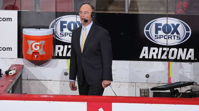 GLENDALE, ARIZONA - JANUARY 16: Hockey analyst Pierre McGuire during the second period of the NHL game between the Arizona Coyotes and the San Jose Sharks at Gila River Arena on January 16, 2019 in Glendale, Arizona. (Photo by Christian Petersen/Getty Images) GLENDALE, ARIZONA - JANUARY 16: Hockey analyst Pierre McGuire during the second period of the NHL game between the Arizona Coyotes and the San Jose Sharks at Gila River Arena on January 16, 2019 in Glendale, Arizona. (Photo by Christian Petersen/Getty Images)
