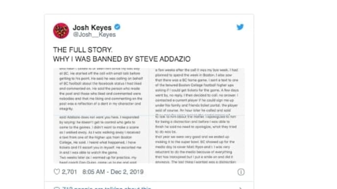Houston Texans linebacker Josh Keyes shared the story of why Boston College banned him from games. Houston Texans linebacker Josh Keyes shared the story of why Boston College banned him from games.