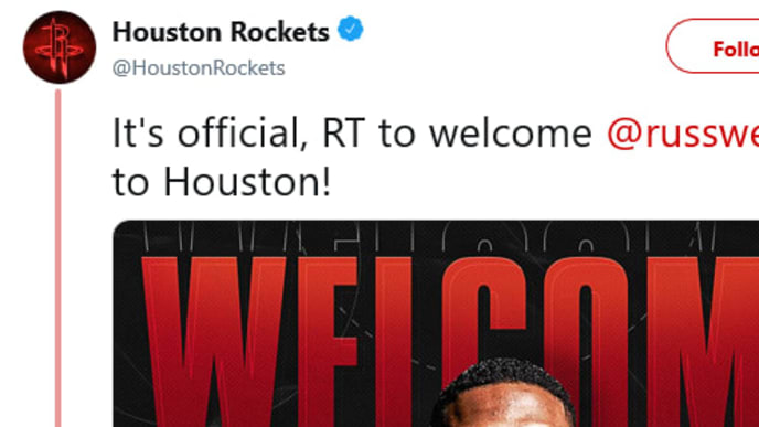 Houston Rockets officially announced the acquisition of Russell Westbrook. Houston Rockets officially announced the acquisition of Russell Westbrook.