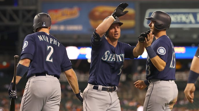 DETROIT, MICHIGAN - AUGUST 13: Kyle Seager #15 of the Seattle Mariners celebrates his sixth inning home run with Tom Murphy #2 and Austin Nola #23 while playing the Detroit Tigers at Comerica Park on August 13, 2019 in Detroit, Michigan. (Photo by Gregory Shamus/Getty Images) DETROIT, MICHIGAN - AUGUST 13: Kyle Seager #15 of the Seattle Mariners celebrates his sixth inning home run with Tom Murphy #2 and Austin Nola #23 while playing the Detroit Tigers at Comerica Park on August 13, 2019 in Detroit, Michigan. (Photo by Gregory Shamus/Getty Images)
