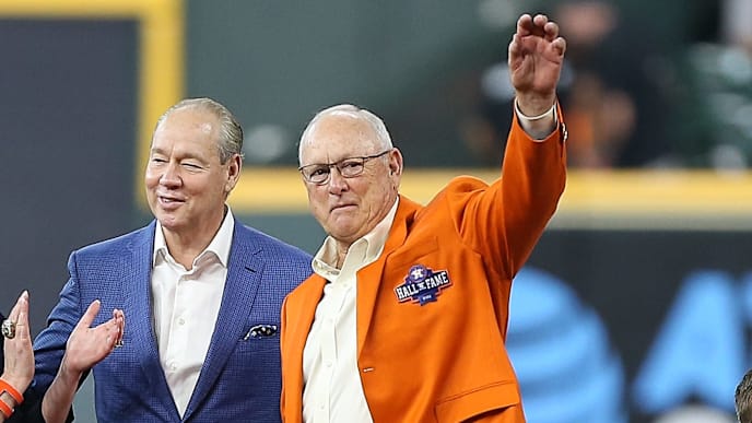 HOUSTON, TEXAS - AUGUST 03: Former Houston Astro pitcher Nolan Ryan waves to the crowd along with Houston Astros owner Jim Crane and wife Whitney during the inaugural 2019 Houston Astros Hall of Fame at Minute Maid Park on August 03, 2019 in Houston, Texas. (Photo by Bob Levey/Getty Images) HOUSTON, TEXAS - AUGUST 03: Former Houston Astro pitcher Nolan Ryan waves to the crowd along with Houston Astros owner Jim Crane and wife Whitney during the inaugural 2019 Houston Astros Hall of Fame at Minute Maid Park on August 03, 2019 in Houston, Texas. (Photo by Bob Levey/Getty Images)