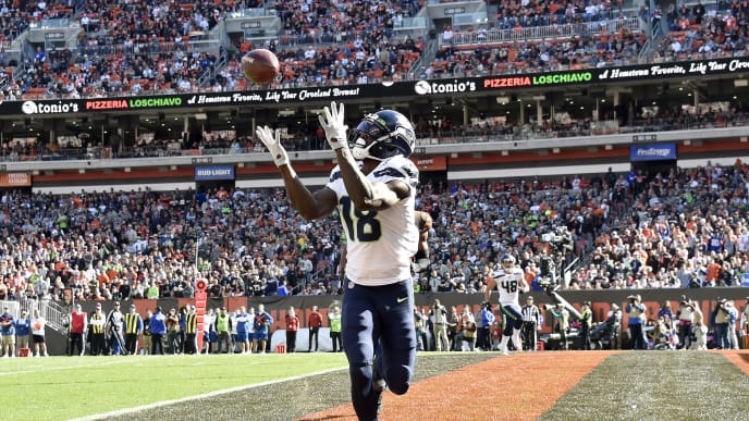 CLEVELAND, OHIO - OCTOBER 13: Jaron Brown #18 of the Seattle Seahawks catches a touchdown pass during the second quarter against the Cleveland Browns at FirstEnergy Stadium on October 13, 2019 in Cleveland, Ohio. (Photo by Jason Miller/Getty Images) CLEVELAND, OHIO - OCTOBER 13: Jaron Brown #18 of the Seattle Seahawks catches a touchdown pass during the second quarter against the Cleveland Browns at FirstEnergy Stadium on October 13, 2019 in Cleveland, Ohio. (Photo by Jason Miller/Getty Images)