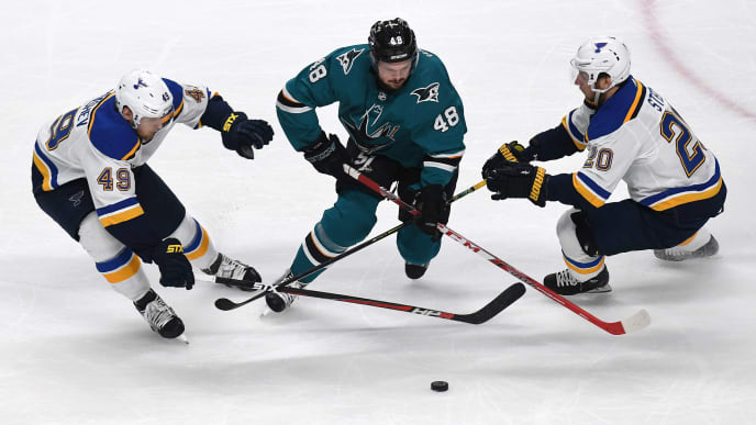 SAN JOSE, CALIFORNIA - MAY 13: Tomas Hertl #48 of the San Jose Sharks skates with the puck against Ivan Barbashev #49 and Alexander Steen #20 of the St. Louis Blues in Game Two of the Western Conference Final during the 2019 NHL Stanley Cup Playoffs at SAP Center on May 13, 2019 in San Jose, California. (Photo by Thearon W. Henderson/Getty Images) SAN JOSE, CALIFORNIA - MAY 13: Tomas Hertl #48 of the San Jose Sharks skates with the puck against Ivan Barbashev #49 and Alexander Steen #20 of the St. Louis Blues in Game Two of the Western Conference Final during the 2019 NHL Stanley Cup Playoffs at SAP Center on May 13, 2019 in San Jose, California. (Photo by Thearon W. Henderson/Getty Images)