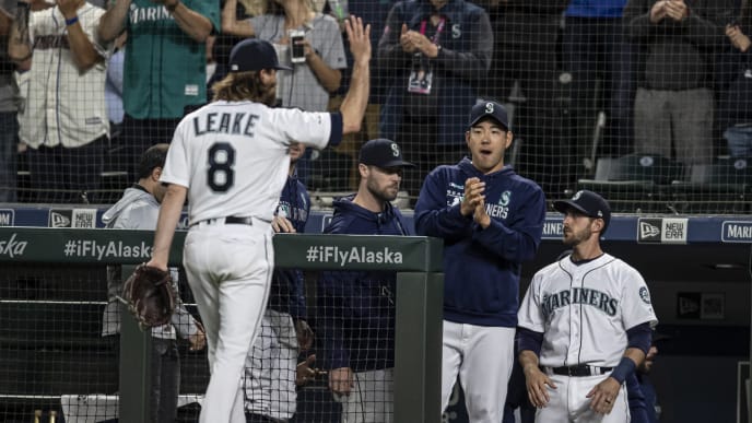 SEATTLE, WA - JULY 3: Starting pitcher Mike Leake #8 of the Seattle Mariners acknowledges fans and teammates including Yusei Kikuchi #18 of the Seattle Mariners (2R) after coming off the fiel during the eighth inning of a game against the St. Louis Cardinals at T-Mobile Park on July 3, 2019 in Seattle, Washington. The Cardinals won the game 5-2. (Photo by Stephen Brashear/Getty Images) SEATTLE, WA - JULY 3: Starting pitcher Mike Leake #8 of the Seattle Mariners acknowledges fans and teammates including Yusei Kikuchi #18 of the Seattle Mariners (2R) after coming off the fiel during the eighth inning of a game against the St. Louis Cardinals at T-Mobile Park on July 3, 2019 in Seattle, Washington. The Cardinals won the game 5-2. (Photo by Stephen Brashear/Getty Images)