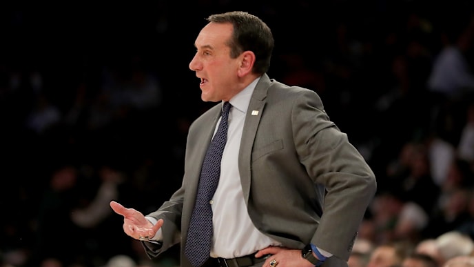 NEW YORK, NEW YORK - NOVEMBER 05: Head coach Mike Krzyzewski of the Duke Blue Devils reacts to a call in the first half against the Kansas Jayhawks during the State Farm Champions Classic at Madison Square Garden on November 05, 2019 in New York City. (Photo by Elsa/Getty Images) NEW YORK, NEW YORK - NOVEMBER 05: Head coach Mike Krzyzewski of the Duke Blue Devils reacts to a call in the first half against the Kansas Jayhawks during the State Farm Champions Classic at Madison Square Garden on November 05, 2019 in New York City. (Photo by Elsa/Getty Images)