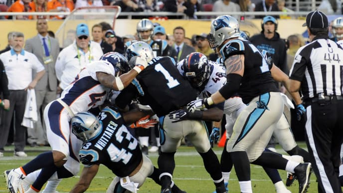 Cam Newton, T.J. Ward, Shaquil Barrett Cam Newton, T.J. Ward, Shaquil Barrett
