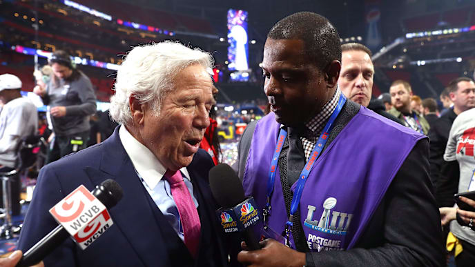 ATLANTA, GEORGIA - FEBRUARY 03: Robert Kraft is interviewed after his teams 13-3 win over the Los Angeles Rams during Super Bowl LIII at Mercedes-Benz Stadium on February 03, 2019 in Atlanta, Georgia. (Photo by Maddie Meyer/Getty Images) ATLANTA, GEORGIA - FEBRUARY 03: Robert Kraft is interviewed after his teams 13-3 win over the Los Angeles Rams during Super Bowl LIII at Mercedes-Benz Stadium on February 03, 2019 in Atlanta, Georgia. (Photo by Maddie Meyer/Getty Images)