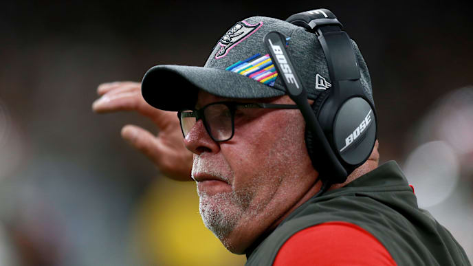 NEW ORLEANS, LOUISIANA - OCTOBER 06: Head coach Bruce Arians of the Tampa Bay Buccaneers reacts to a call during the first half of a NFL game against the New Orleans Saints at the Mercedes Benz Superdome on October 06, 2019 in New Orleans, Louisiana. (Photo by Sean Gardner/Getty Images) NEW ORLEANS, LOUISIANA - OCTOBER 06: Head coach Bruce Arians of the Tampa Bay Buccaneers reacts to a call during the first half of a NFL game against the New Orleans Saints at the Mercedes Benz Superdome on October 06, 2019 in New Orleans, Louisiana. (Photo by Sean Gardner/Getty Images)