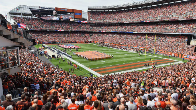 CLEVELAND, OH - SEPTEMBER 08: A general view during the U.S. National Anthem before a game between the Cleveland Browns and the Tennessee Titans at FirstEnergy Stadium on September 08, 2019 in Cleveland, Ohio . (Photo by Jamie Sabau/Getty Images) CLEVELAND, OH - SEPTEMBER 08: A general view during the U.S. National Anthem before a game between the Cleveland Browns and the Tennessee Titans at FirstEnergy Stadium on September 08, 2019 in Cleveland, Ohio . (Photo by Jamie Sabau/Getty Images)