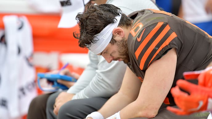 CLEVELAND, OHIO - SEPTEMBER 08: Quarterback Baker Mayfield #6 of the Cleveland Browns hangs his head while on the bench during the second half against the Tennessee Titans at FirstEnergy Stadium on September 08, 2019 in Cleveland, Ohio. The Titans defeated the Browns 43-13. (Photo by Jason Miller/Getty Images) CLEVELAND, OHIO - SEPTEMBER 08: Quarterback Baker Mayfield #6 of the Cleveland Browns hangs his head while on the bench during the second half against the Tennessee Titans at FirstEnergy Stadium on September 08, 2019 in Cleveland, Ohio. The Titans defeated the Browns 43-13. (Photo by Jason Miller/Getty Images)