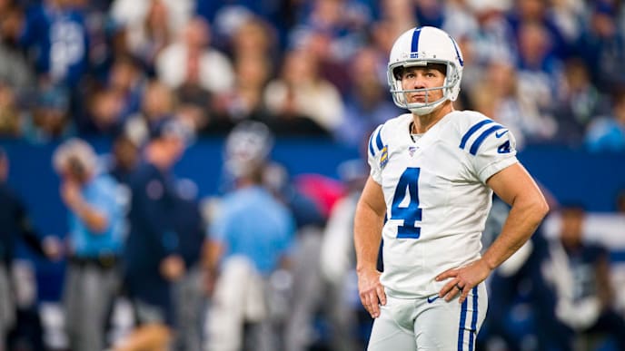 INDIANAPOLIS, IN - DECEMBER 01: Adam Vinatieri #4 of the Indianapolis Colts reacts to having his field goal attempt blocked during the first quarter against the Tennessee Titans at Lucas Oil Stadium on December 1, 2019 in Indianapolis, Indiana. (Photo by Brett Carlsen/Getty Images) INDIANAPOLIS, IN - DECEMBER 01: Adam Vinatieri #4 of the Indianapolis Colts reacts to having his field goal attempt blocked during the first quarter against the Tennessee Titans at Lucas Oil Stadium on December 1, 2019 in Indianapolis, Indiana. (Photo by Brett Carlsen/Getty Images)