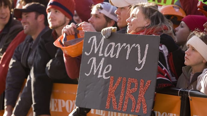 FAYETTEVILLE, AR - NOVEMBER 11: ESPN College GameDay fan on the campus of the Arkansas Razorbacks holds up a sign for Kirk Herbstreit before a game against the Tennessee Volunteers at Donald W. Reynolds Stadium on November 11, 2006 in Fayetteville, Arkansas. The Razorbacks defeated the Volunteers 31 to 14. (Photo by Wesley Hitt/Getty Images) FAYETTEVILLE, AR - NOVEMBER 11: ESPN College GameDay fan on the campus of the Arkansas Razorbacks holds up a sign for Kirk Herbstreit before a game against the Tennessee Volunteers at Donald W. Reynolds Stadium on November 11, 2006 in Fayetteville, Arkansas. The Razorbacks defeated the Volunteers 31 to 14. (Photo by Wesley Hitt/Getty Images)