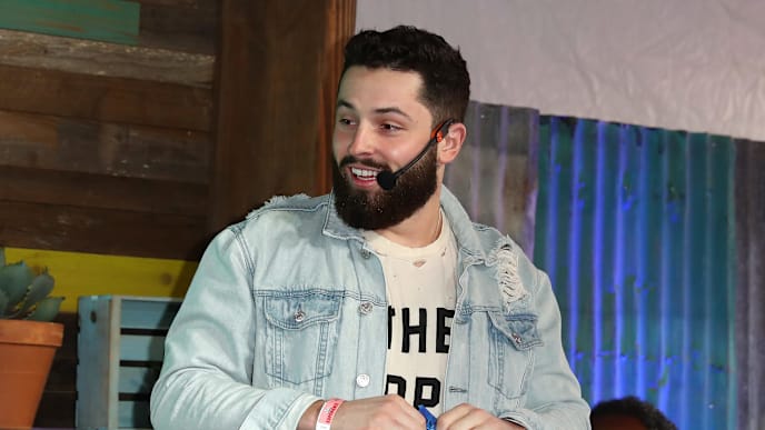ATLANTA, GA - FEBRUARY 01: Professional football player Baker Mayfield competes in Nacho Face-Off at The Tostitos Cantina at Super Bowl LIVE in Atlanta, Georgia. (Photo by Joe Scarnici/Getty Images for Tostitos) ATLANTA, GA - FEBRUARY 01: Professional football player Baker Mayfield competes in Nacho Face-Off at The Tostitos Cantina at Super Bowl LIVE in Atlanta, Georgia. (Photo by Joe Scarnici/Getty Images for Tostitos)
