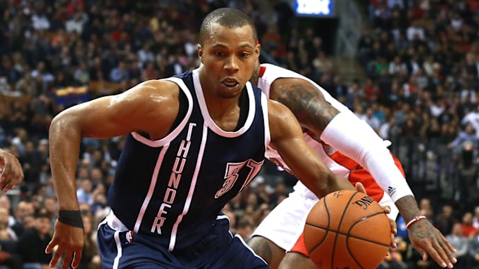 TORONTO, ON - NOVEMBER 4: Sebastian Telfair #31 of the Oklahoma City Thunder drives to the basket against th Toronto Raptors during their game at Air Canada Centre on November 4, 2014 in Toronto, Canada. NOTE TO USER: User expressly acknowledges and agrees that, by downloading and/or using this photograph, user is consenting to the terms and conditions of the Getty Images License Agreement. Mandatory copyright notice.(Photo by Dave Sandford/Getty Images) TORONTO, ON - NOVEMBER 4: Sebastian Telfair #31 of the Oklahoma City Thunder drives to the basket against th Toronto Raptors during their game at Air Canada Centre on November 4, 2014 in Toronto, Canada. NOTE TO USER: User expressly acknowledges and agrees that, by downloading and/or using this photograph, user is consenting to the terms and conditions of the Getty Images License Agreement. Mandatory copyright notice.(Photo by Dave Sandford/Getty Images)