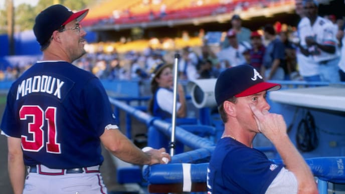 9 Sep 1997: Tom Glavine and Greg Maddux of the Atlanta Braves during the Braves 4-3 win over the Los Angeles Dodgers at Dodger Stadium in Los Angeles, California. Mandatory Credit: Harry How /Allsport 9 Sep 1997: Tom Glavine and Greg Maddux of the Atlanta Braves during the Braves 4-3 win over the Los Angeles Dodgers at Dodger Stadium in Los Angeles, California. Mandatory Credit: Harry How /Allsport