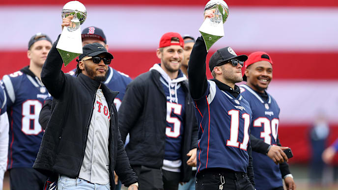 BOSTON, MASSACHUSETTS - APRIL 09: Patrick Chung and Julian Edelman of the New England Patriots lift Lombardi Trophies before the Red Sox home opening game between the Red Sox and the Toronto Blue Jays at Fenway Park on April 09, 2019 in Boston, Massachusetts. (Photo by Maddie Meyer/Getty Images) BOSTON, MASSACHUSETTS - APRIL 09: Patrick Chung and Julian Edelman of the New England Patriots lift Lombardi Trophies before the Red Sox home opening game between the Red Sox and the Toronto Blue Jays at Fenway Park on April 09, 2019 in Boston, Massachusetts. (Photo by Maddie Meyer/Getty Images)