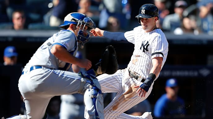NEW YORK, NEW YORK - SEPTEMBER 21: Tyler Wade #14 of the New York Yankees slides home past Luke Maile #21 of the Toronto Blue Jays for a run in the sixth inning at Yankee Stadium on September 21, 2019 in the Bronx borough of New York City. (Photo by Jim McIsaac/Getty Images) NEW YORK, NEW YORK - SEPTEMBER 21: Tyler Wade #14 of the New York Yankees slides home past Luke Maile #21 of the Toronto Blue Jays for a run in the sixth inning at Yankee Stadium on September 21, 2019 in the Bronx borough of New York City. (Photo by Jim McIsaac/Getty Images)