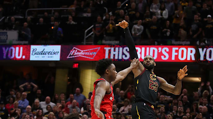 LeBron James fires off a game-winner over the Raptors' OG Anunoby in the 2018 NBA Playoffs LeBron James fires off a game-winner over the Raptors' OG Anunoby in the 2018 NBA Playoffs