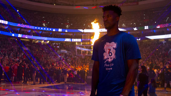 PHILADELPHIA, PA - MAY 09: Jimmy Butler #23 of the Philadelphia 76ers looks on prior to Game Six of the Eastern Conference Semifinals against the Toronto Raptors at the Wells Fargo Center on May 9, 2019 in Philadelphia, Pennsylvania. The 76ers defeated the Raptors 112-101. NOTE TO USER: User expressly acknowledges and agrees that, by downloading and or using this photograph, User is consenting to the terms and conditions of the Getty Images License Agreement. (Photo by Mitchell Leff/Getty Images) PHILADELPHIA, PA - MAY 09: Jimmy Butler #23 of the Philadelphia 76ers looks on prior to Game Six of the Eastern Conference Semifinals against the Toronto Raptors at the Wells Fargo Center on May 9, 2019 in Philadelphia, Pennsylvania. The 76ers defeated the Raptors 112-101. NOTE TO USER: User expressly acknowledges and agrees that, by downloading and or using this photograph, User is consenting to the terms and conditions of the Getty Images License Agreement. (Photo by Mitchell Leff/Getty Images)