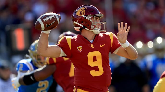LOS ANGELES, CALIFORNIA - NOVEMBER 23: Kedon Slovis #9 of the USC Trojans passes the ball during the first half of a game against the UCLA Bruins at Los Angeles Memorial Coliseum on November 23, 2019 in Los Angeles, California. (Photo by Sean M. Haffey/Getty Images) LOS ANGELES, CALIFORNIA - NOVEMBER 23: Kedon Slovis #9 of the USC Trojans passes the ball during the first half of a game against the UCLA Bruins at Los Angeles Memorial Coliseum on November 23, 2019 in Los Angeles, California. (Photo by Sean M. Haffey/Getty Images)