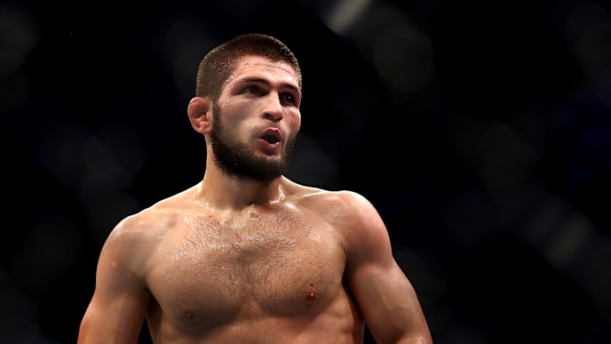ABU DHABI, UNITED ARAB EMIRATES - SEPTEMBER 07: Khabib Nurmagomedov of Russia lokks on against Dustin Poirier of United States in their Lightweight Title Bout during the UFC 242 event at The Arena on September 07, 2019 in Abu Dhabi, United Arab Emirates. (Photo by Francois Nel/Getty Images) ABU DHABI, UNITED ARAB EMIRATES - SEPTEMBER 07: Khabib Nurmagomedov of Russia lokks on against Dustin Poirier of United States in their Lightweight Title Bout during the UFC 242 event at The Arena on September 07, 2019 in Abu Dhabi, United Arab Emirates. (Photo by Francois Nel/Getty Images)
