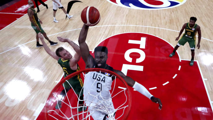 SHENZHEN, CHINA - SEPTEMBER 09: Jaylen Brown of the United States prepares to dunk against Brazil during the 2nd round of 2019 FIBA World Cup at on September 9, 2019 in Shenzhen, China. (Photo by Ng Han Guan-Pool/Getty Images) SHENZHEN, CHINA - SEPTEMBER 09: Jaylen Brown of the United States prepares to dunk against Brazil during the 2nd round of 2019 FIBA World Cup at on September 9, 2019 in Shenzhen, China. (Photo by Ng Han Guan-Pool/Getty Images)