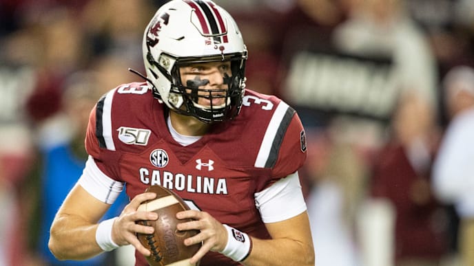 COLUMBIA, SC - NOVEMBER 2: Quarterback Ryan Hilinski #3 of the South Carolina Gamecocks looks for an open player during the second quarter of their game against the Vanderbilt Commodores at Williams-Brice Stadium on November 2, 2019 in Columbia, South Carolina. (Photo by Michael Chang/Getty Images) COLUMBIA, SC - NOVEMBER 2: Quarterback Ryan Hilinski #3 of the South Carolina Gamecocks looks for an open player during the second quarter of their game against the Vanderbilt Commodores at Williams-Brice Stadium on November 2, 2019 in Columbia, South Carolina. (Photo by Michael Chang/Getty Images)