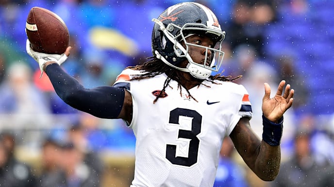 DURHAM, NC - OCTOBER 20: Bryce Perkins #3 of the Virginia Cavaliers looks to pass against the Duke Blue Devils during their game at Wallace Wade Stadium on October 20, 2018 in Durham, North Carolina. (Photo by Grant Halverson/Getty Images) DURHAM, NC - OCTOBER 20: Bryce Perkins #3 of the Virginia Cavaliers looks to pass against the Duke Blue Devils during their game at Wallace Wade Stadium on October 20, 2018 in Durham, North Carolina. (Photo by Grant Halverson/Getty Images)