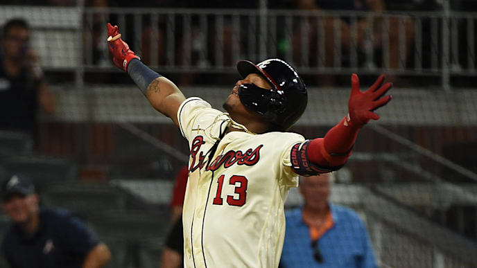 ATLANTA, GEORGIA - JULY 21: Ronald Acuna Jr. #13 of the Atlanta Braves celebrates a home run in the 8th inning against the Washington Nationals at SunTrust Park on July 21, 2019 in Atlanta, Georgia. (Photo by Logan Riely/Getty Images) ATLANTA, GEORGIA - JULY 21: Ronald Acuna Jr. #13 of the Atlanta Braves celebrates a home run in the 8th inning against the Washington Nationals at SunTrust Park on July 21, 2019 in Atlanta, Georgia. (Photo by Logan Riely/Getty Images)