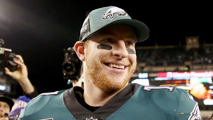 PHILADELPHIA, PENNSYLVANIA - DECEMBER 03: Carson Wentz #11 of the Philadelphia Eagles smiles as he walks off the field after the game at Lincoln Financial Field on December 03, 2018 in Philadelphia, Pennsylvania. The Philadelphia Eagles defeated the Washington Redskins 28-13.(Photo by Elsa/Getty Images) PHILADELPHIA, PENNSYLVANIA - DECEMBER 03: Carson Wentz #11 of the Philadelphia Eagles smiles as he walks off the field after the game at Lincoln Financial Field on December 03, 2018 in Philadelphia, Pennsylvania. The Philadelphia Eagles defeated the Washington Redskins 28-13.(Photo by Elsa/Getty Images)